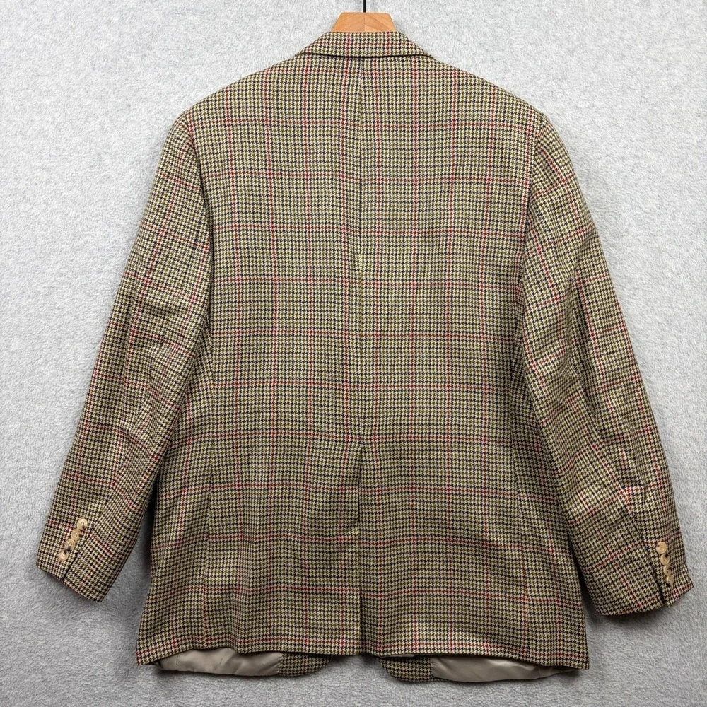 Vintage Paul Stuart Sport Coat Mens 42L Tan Plaid Houndstooth Lambswool Cashmere